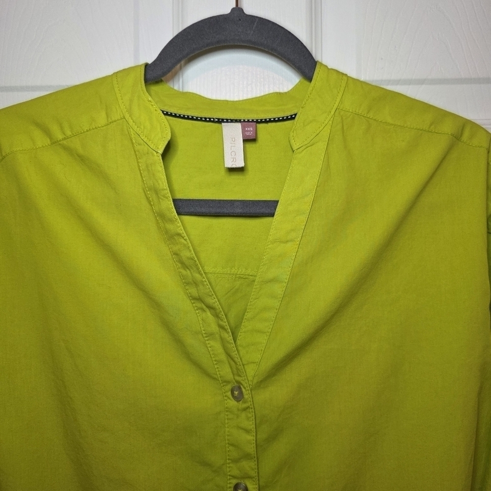 Pilcro Anthropologie Drawstring Chartreuse Poplin Button Blouse Womens XXS - Picture 7 of 14